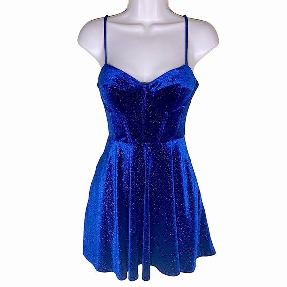 Windsor Blue Velvet Bustier Mini Dress Spaghetti Straps Shimmer Accents Size XS - Picture 2 of 16